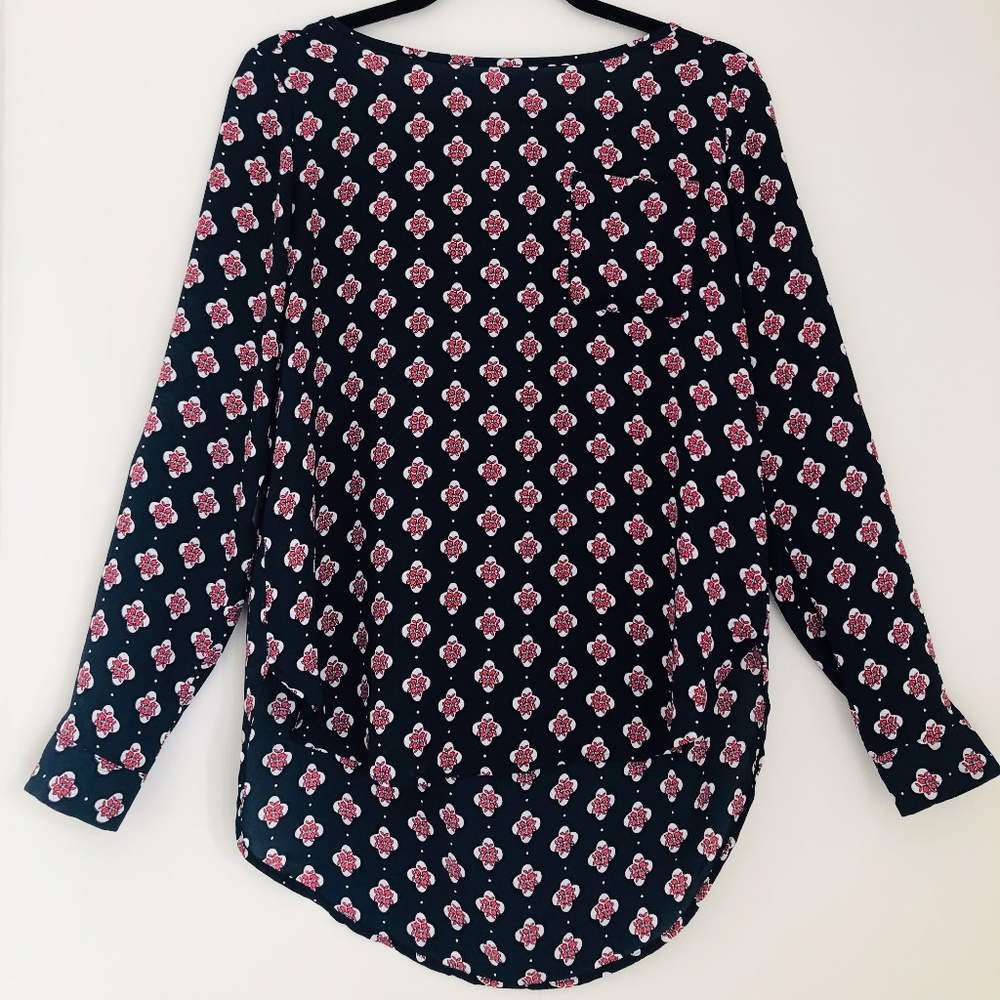 blue & pink floral motif boatneck blouse / size s